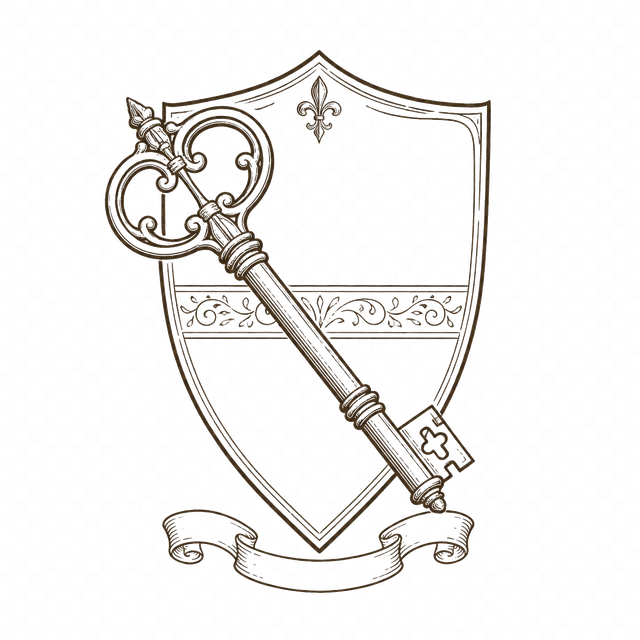 A shield with an antique key crossed in front of it.