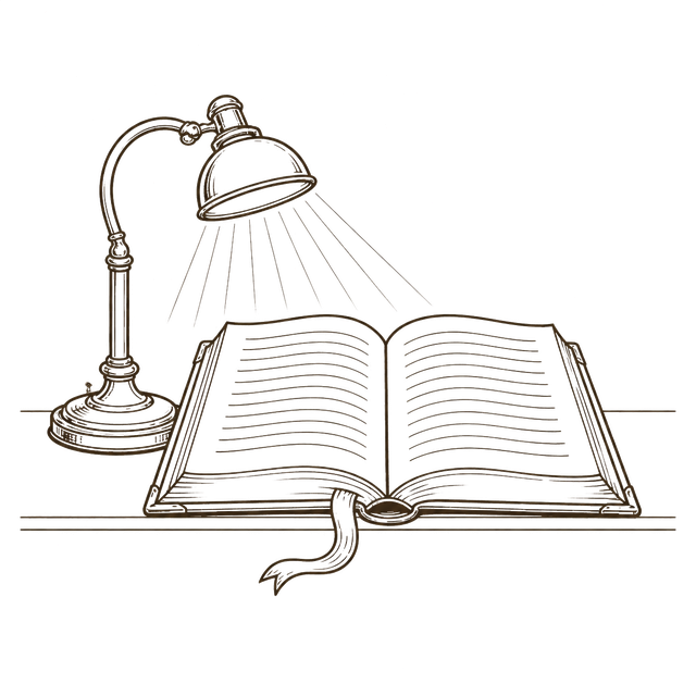 An open book on a desk under a small lamp.