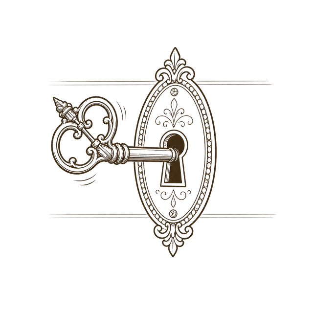 A brass key turning in an ornate keyhole.